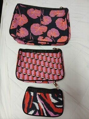 Diane Von Furstenberg Pink and Black Printed Cosmetic Pouch Trio- Like New!